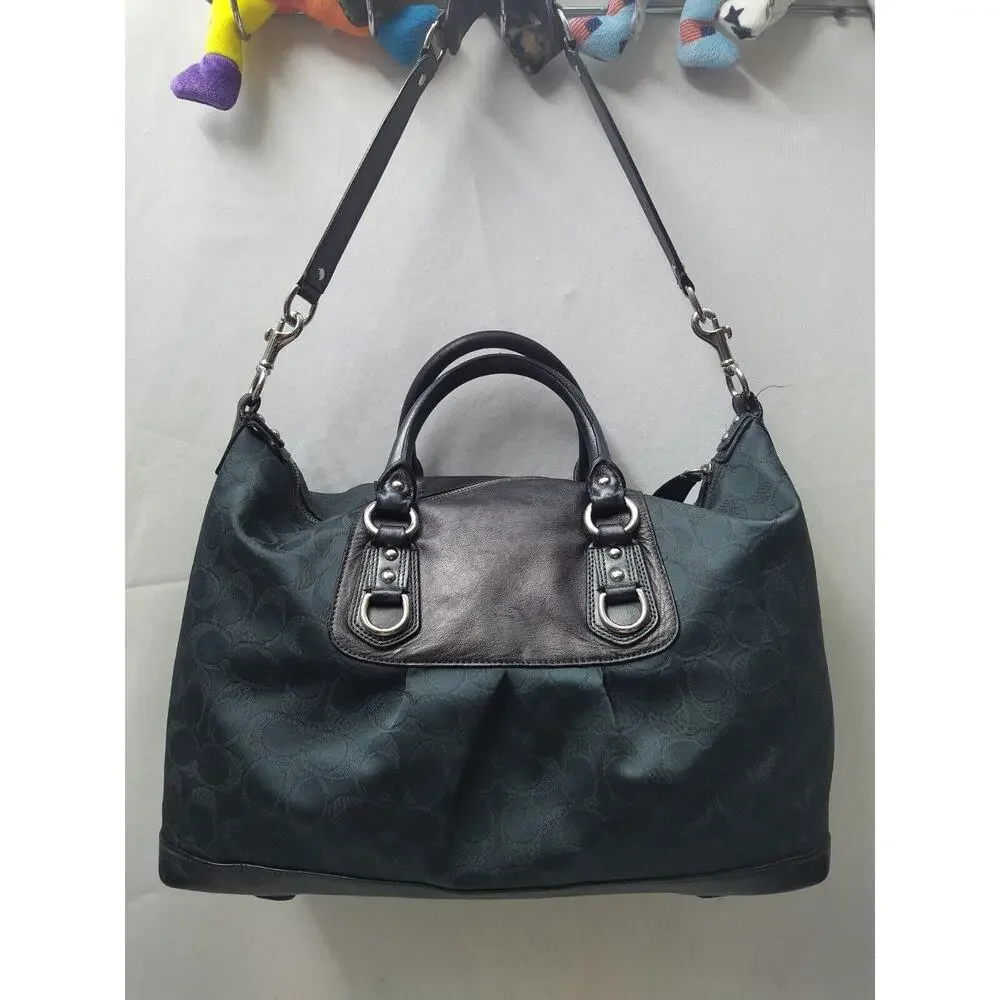 Coach Ashley Signature Dark Blue Canvas Black Leather Trim Satchel Shoulder Bag